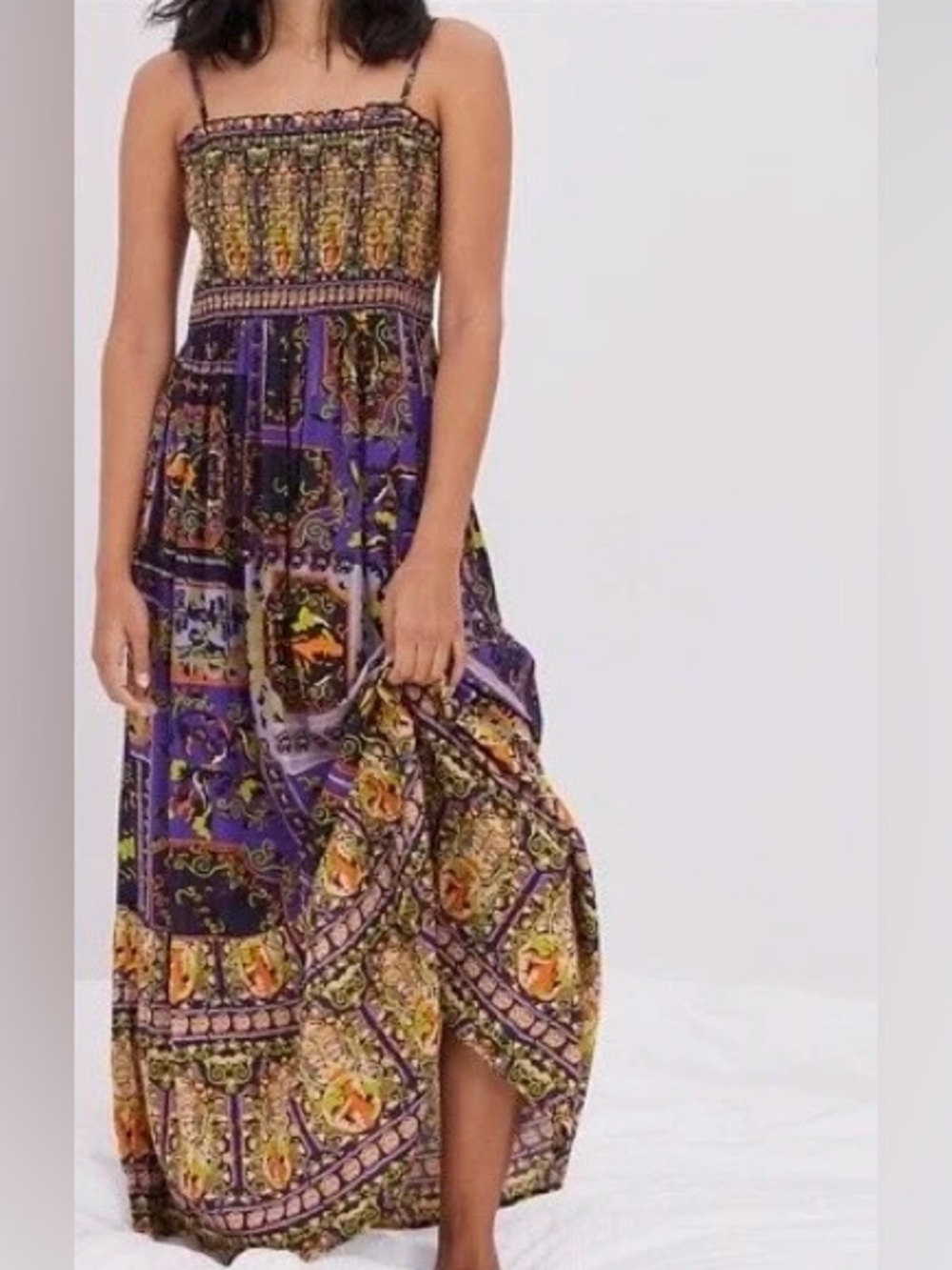 Anthropologie Bohemian Purple Printed Smocked Maxi Dress
